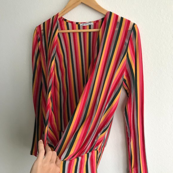 Zara Trafaluc Rainbow Striped Wrap Long Sleeve Blouse Sheer Pride Size S Small - Picture 4 of 7